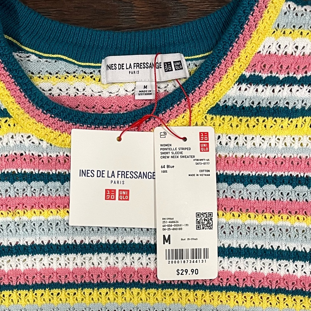 NWT Uniqlo Ines de la Fressange Pointelle Striped Short-Sleeve Crew Neck Sweater - Picture 3 of 3